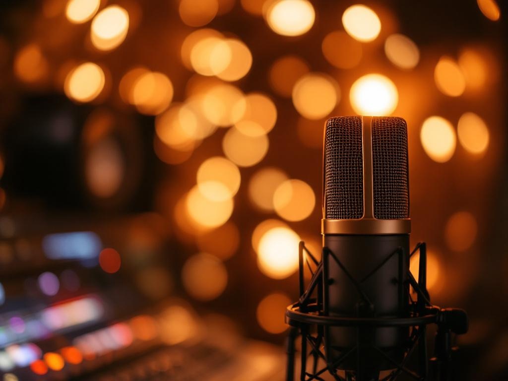 Podcast recording studio with warm amber lighting